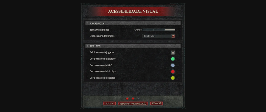 sequência de capturas de tela do jogo demonstrando: filtros de contraste, realce colorido em inimigos (vermelho) e itens (amarelo), e a linha guia preta no minimapa facilitando a navegação.