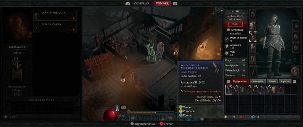 sequência de capturas de tela do jogo demonstrando: filtros de contraste, realce colorido em inimigos (vermelho) e itens (amarelo), e a linha guia preta no minimapa facilitando a navegação.