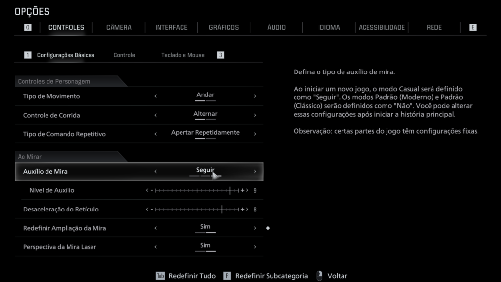 alt Tela de opções de controles do jogo mostrando configurações de movimentação e mira. A opção “Auxílio de Mira” está selecionada como “Seguir”, com ajustes de nível de auxílio, desaceleração do retículo e outras configurações de mira disponíveis.
