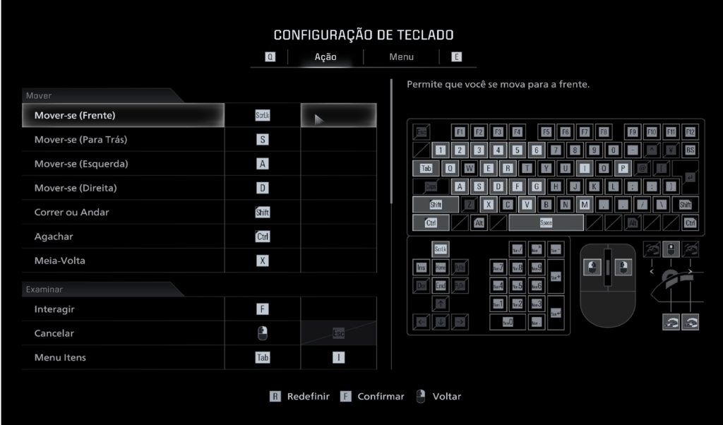 alt = Tela de configuração de teclado do jogo mostrando o remapeamento de controles, com ações como mover para frente, trás, esquerda e direita associadas às teclas W, S, A e D, além de um diagrama visual do teclado e do mouse indicando as teclas configuradas.
