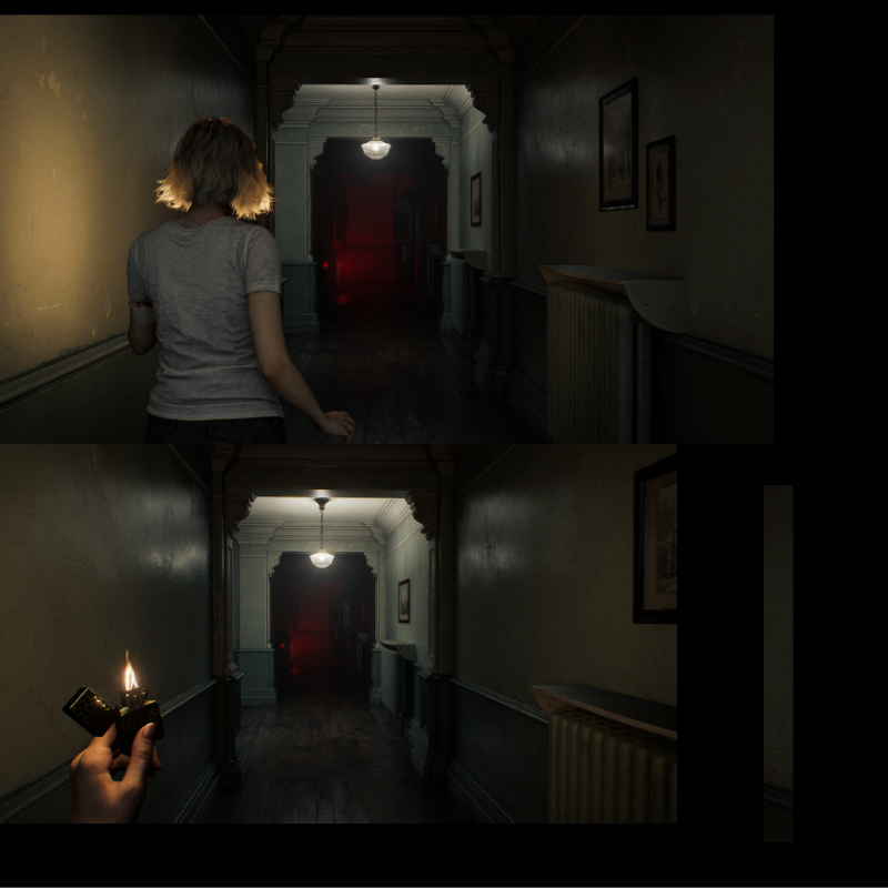 alt Comparação de gameplay: Grace caminhando em um corredor escuro em terceira pessoa e, abaixo, a mesma cena em primeira pessoa com um isqueiro iluminando o caminho.
