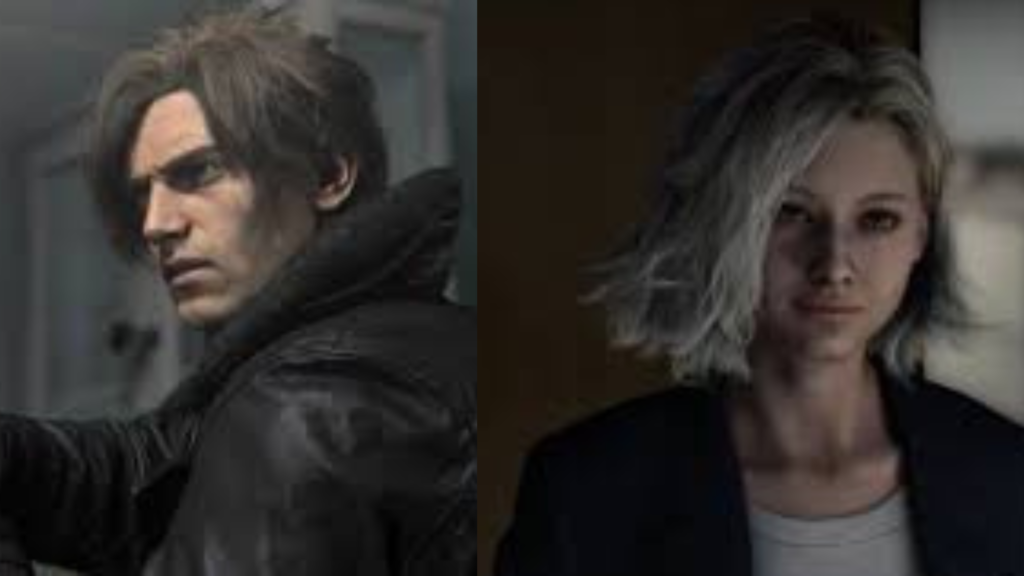 Alt Imagem dividida em duas partes mostrando dois personagens de Resident Evil 9.
 À esquerda está Leon S. Kennedy, um homem branco com cabelo castanho claro e levemente bagunçado, usando uma jaqueta escura de gola alta. Ele aparece de perfil, olhando para frente com expressão séria em um ambiente interno pouco iluminado.
À direita está Grace Ashcroft, uma mulher branca com cabelo curto loiro-platinado. Ela usa um blazer escuro sobre uma camiseta clara e está de frente para a câmera, com expressão neutra e leve sorriso. O fundo atrás dela é escuro e desfocado.
