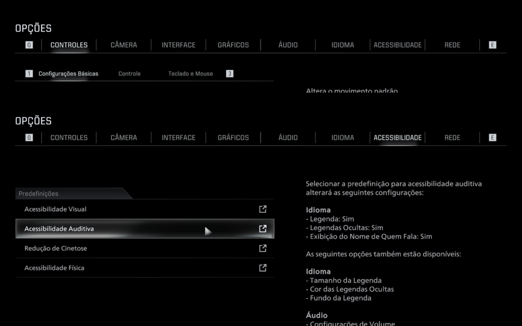 Alt=Acessibilidade Auditiva  Legendas ativadas
Legendas ocultas ativadas
Exibição do nome de quem fala
Também aparecem configurações adicionais disponíveis, como:Tamanho da legenda
Cor das legendas ocultas
Fundo da legenda
Configurações de volume de áudio.
