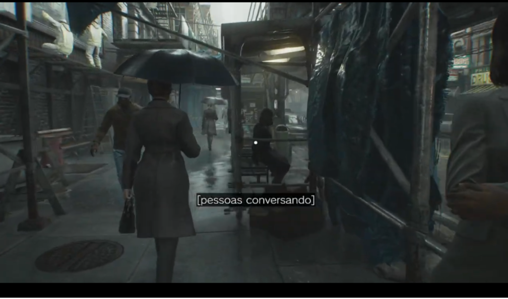 ALT =Gameplay de Resident Evil 9 mostra Grace Ashcroft andando em uma rua chuvosa com guarda-chuva. A legenda na tela indica "[pessoas conversando]".
