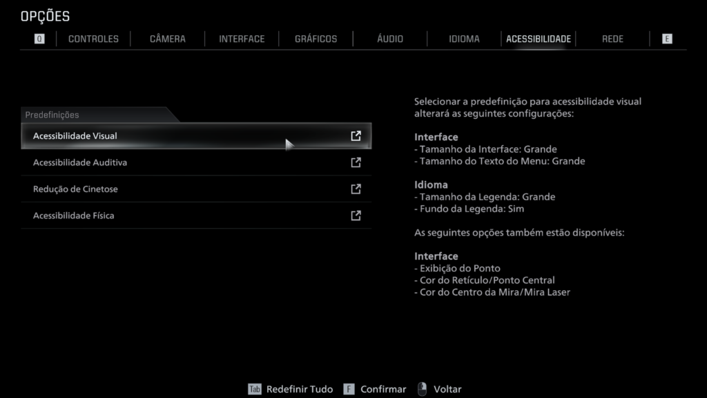Menu de acessibilidade com “Acessibilidade Visual” selecionado. Ao lado, o texto explica que essa predefinição altera: tamanho da interface grande, tamanho do texto do menu grande, tamanho da legenda grande e fundo da legenda ativado. Também mostra opções disponíveis como exibição do ponto, cor do retículo/ponto central e cor do centro da mira/mira laser.

