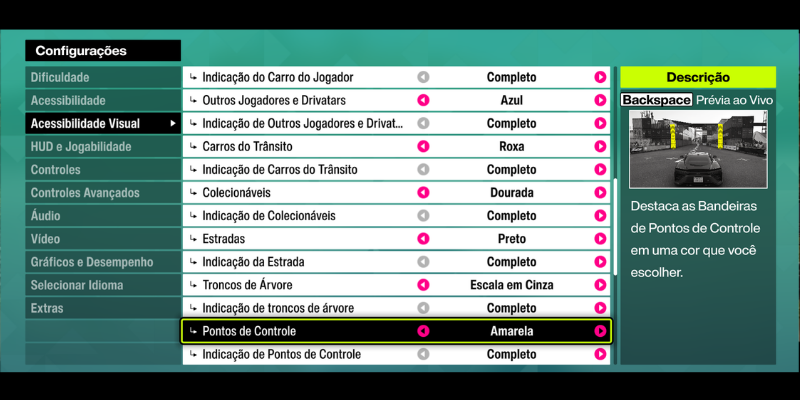 Tela de configurações de acessibilidade visual do Forza Horizon, com ajustes de alto contraste para destacar carro, pista, trânsito e pontos de controle.