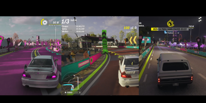 Três telas de corrida do Forza exibem diferentes modos de daltonismo, alterando as cores da pista, da rota e dos marcadores para facilitar a visualização.