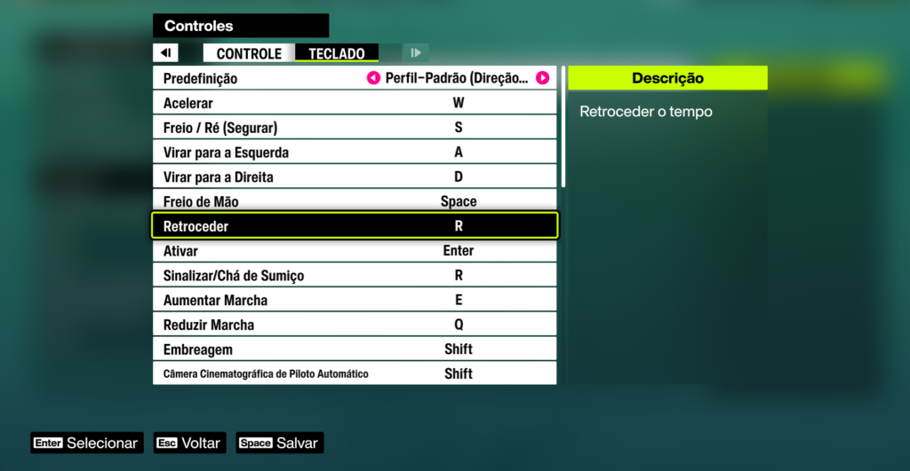 menu de mapeamento de controles