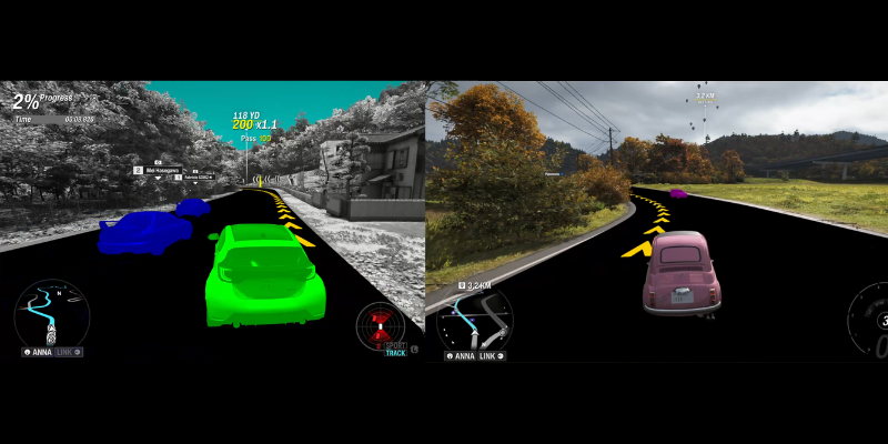 Comparação no Forza Horizon: à esquerda, alto contraste completo destaca cenário, pista e carros; à direita, o recurso destaca apenas a pista e os carros.