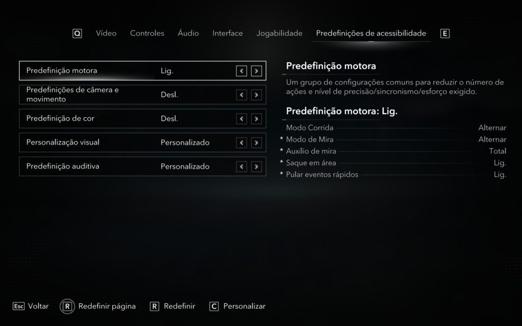 Menu de acessibilidade com predefinição motora ligada, câmera e cor desligadas e ajustes visuais e auditivos personalizados. À direita, aparecem as opções motoras ativadas. Na parte inferior, há comandos para voltar, redefinir e personalizar.