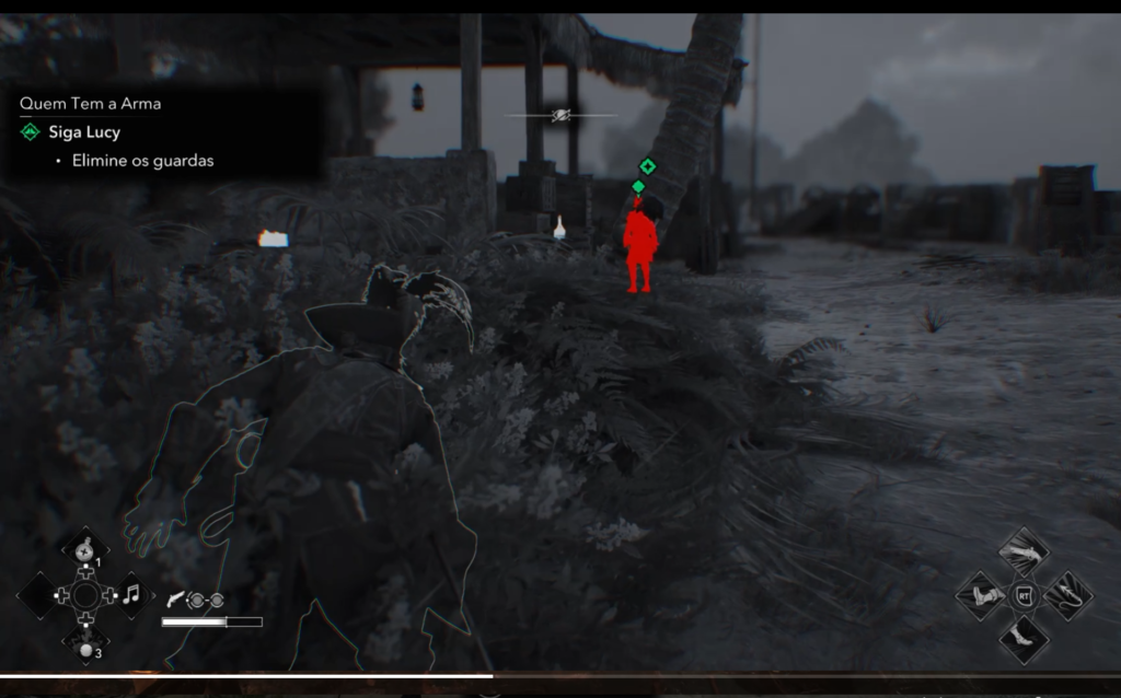 Cena de jogo em preto e branco, com o personagem agachado atrás da vegetação. Um inimigo aparece destacado em vermelho e os objetivos em verde. À esquerda, a missão orienta: “Siga Lucy” e “Elimine os guardas”.