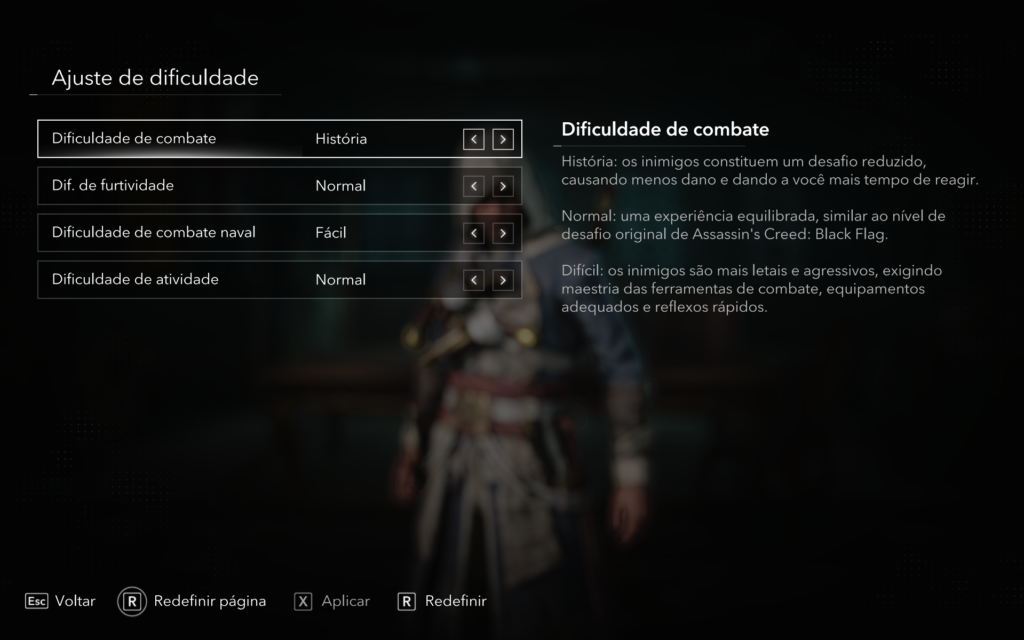 Tela mostrando os níveis de dificuldade do jogo.