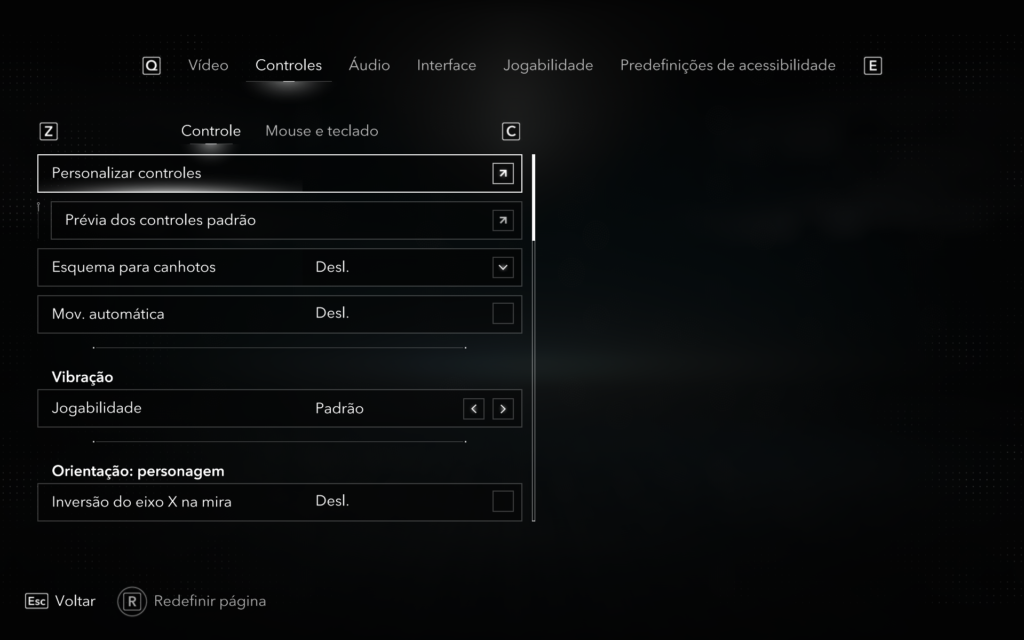 Tela de controles do jogo com opções remapeamente para personalizar e visualizar comandos. Canhotos e movimento automático estão desligados; vibração no padrão e inversão do eixo X desativada.