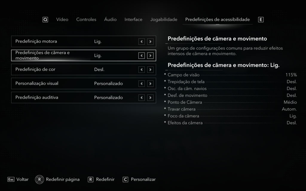 Menu de acessibilidade com câmera e movimento ligados. Campo de visão em 115%, ponto da câmera médio, foco ligado e trava automática; trepidação, oscilação, desfoque e efeitos da câmera desligados.