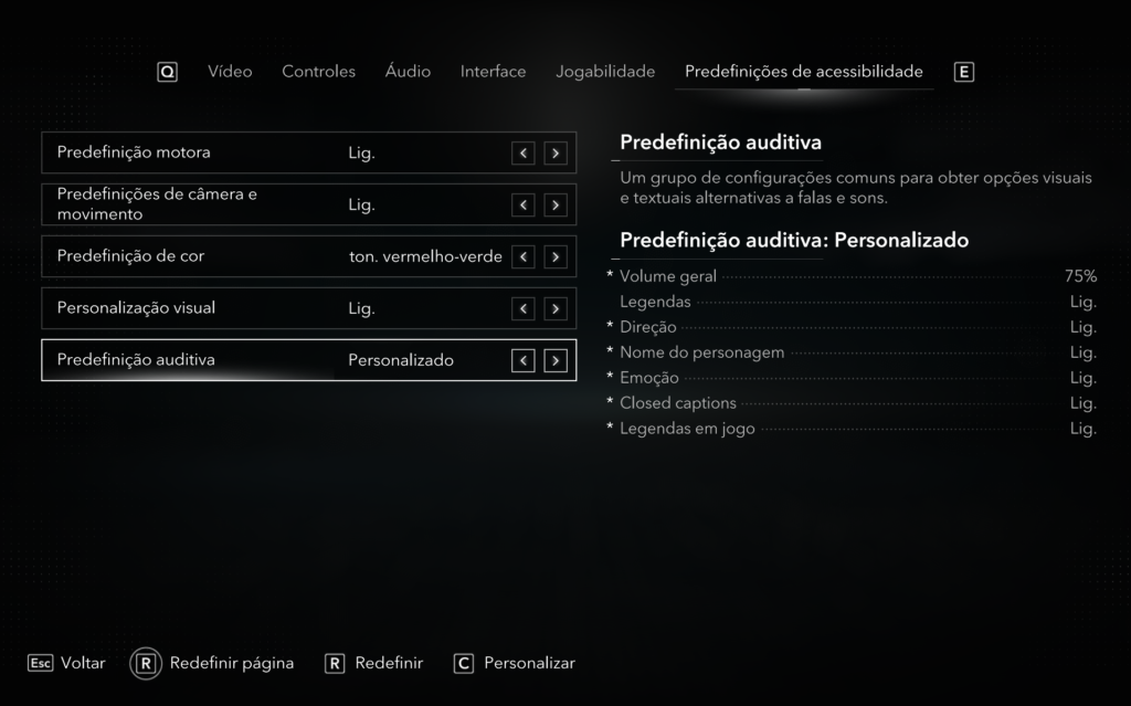 Predefinição auditiva personalizada, com volume geral em 75% e recursos de legendas, direção, nome do personagem, emoção, closed captions e legendas em jogo ativados.