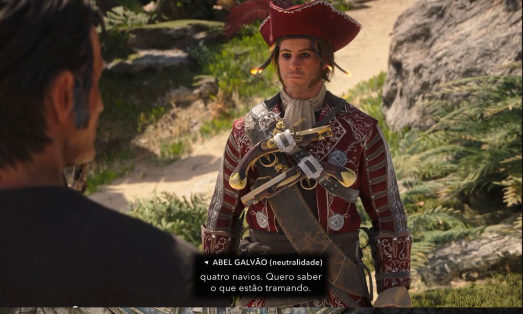 Edward vestido de pirata, com roupa vermelha e chapéu com pena, conversa com outro homem ao ar livre. A legenda diz: “ABEL GALVÃO (neutralidade): quatro navios. Quero saber o que estão tramando.”